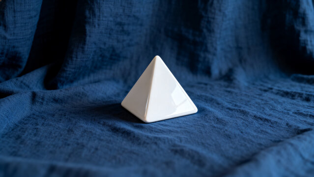 equilateral. Single white equilateral triangle object on deep blue linen, calm still life for editorial concept, lifestyle magazines.