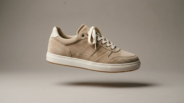 A single stylish beige suede sneaker floating in midair against a minimalist neutral grey studio background