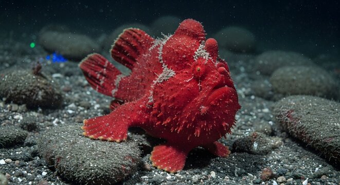 Red frogfish on dark seabed with selective focus and subtle blue light accentuating its texture