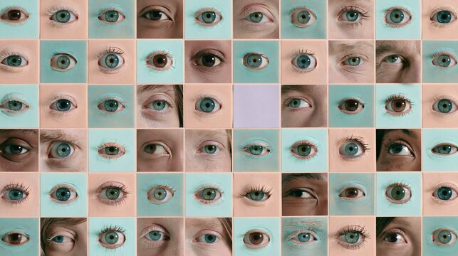 Conceptual grid of diverse human eyes in tilted pastel squares creates a cool ethereal collage for recruitment diversity and inclusion themes