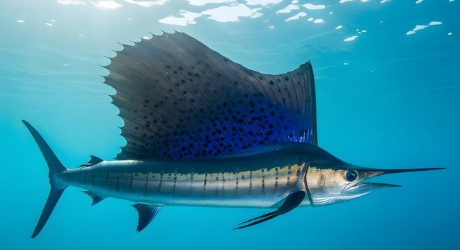 Sailfish swimming with dorsal fin up in bright blue ocean water during day