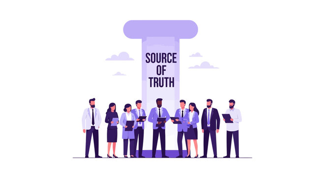 Single Source of Truth Business Concept Illustration with Diverse Professional Team and Central Data Pillar