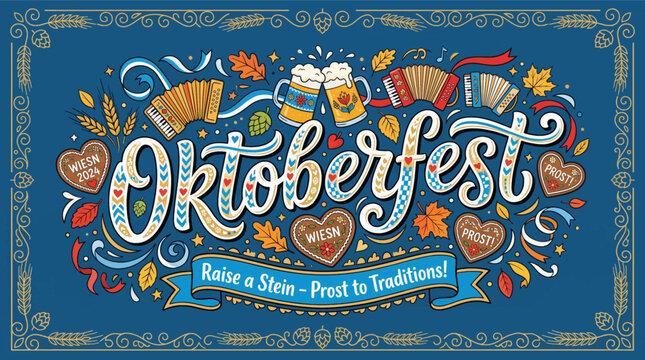 Vibrant celebration poster with evoking joyful traditional cultural event atmosphere musical instruments _ Oktoberfest - Bear Festival