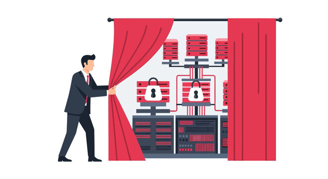Businessman Revealing Secure Server Room Behind Red Curtain, Data Privacy and Cyber Security Concept Vector Illustration