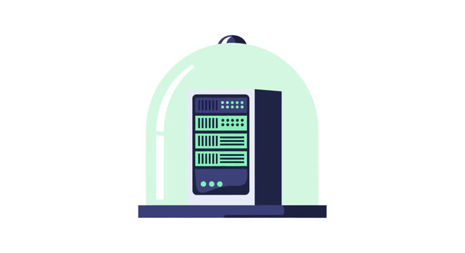 Cybersecurity and Data Protection Concept: Server Rack Protected Inside a Glass Dome Illustration