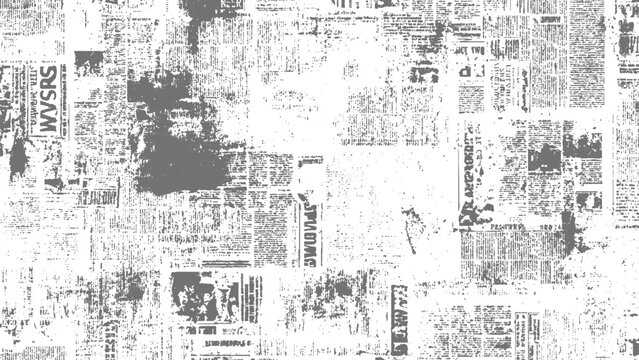 Distressed newspaper collage background, with blurred text, smudged ink patterns, and grungy monochrome, typography texture