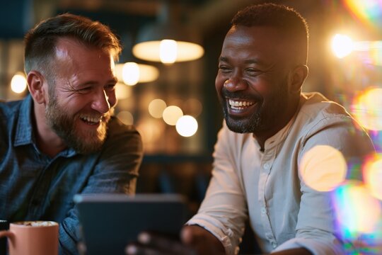 Two cheerful male colleagues with varied skin tones laughing over a digital tablet in a cozy cafe for casual business and professional networking