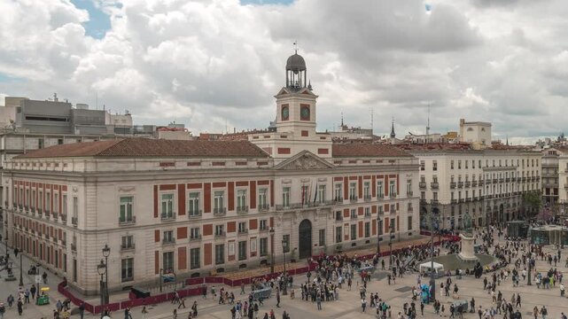 Madrid Spain time lapse high angle view city skyline at Puerta del Sol