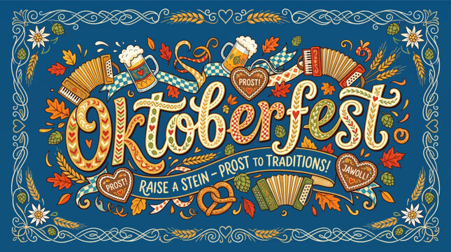 Vibrant celebration poster with beer steins accordion music with ornate poster celebrating bold text _ Oktoberfest - Bear Festival