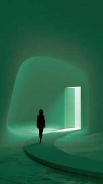 Silhouette of a person walking on a curved path toward a glowing green doorway in a misty minimal space for digital transformation and journey concepts