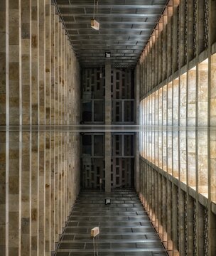 Symmetrical modern architecture corridor with perfect reflection in marble floor