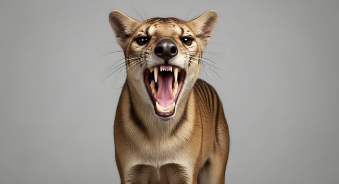 Tasmanian Tiger roaring aggressively in studio lighting against a neutral backdrop