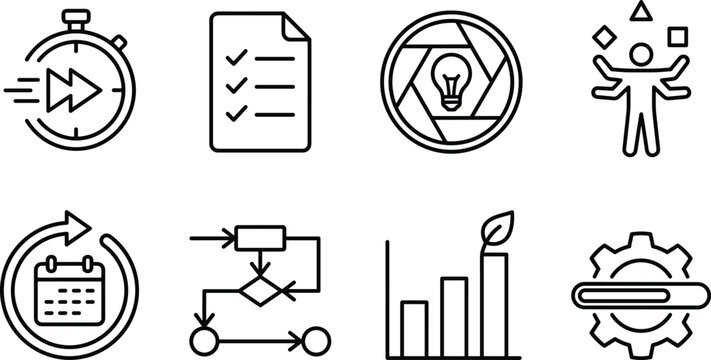 Business productivity and agile workflow optimization vector icon set featuring stopwatch fast forward checklist flowchart multitasking green growth chart and gear line art.