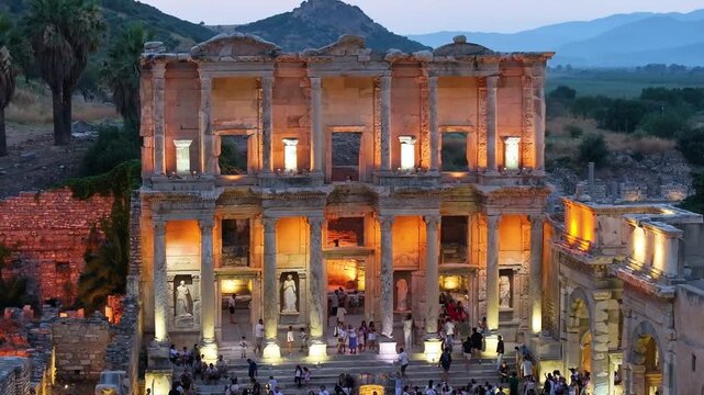 Night-time Museum Experience Ephesus Ancient City (Efes Antik Kenti) Drone Video, Selcuk Izmir, Turkiye (Turkey)