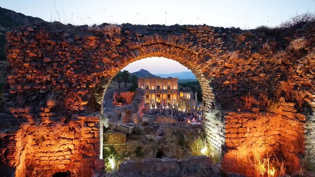 Night-time Museum Experience Ephesus Ancient City (Efes Antik Kenti) Drone Video, Selcuk Izmir, Turkiye (Turkey)