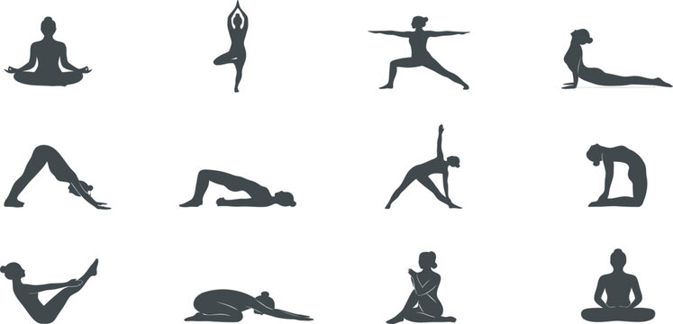 Set of twelve yoga poses and fitness exercise silhouettes