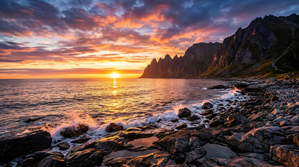 Fototapeta premium Sunset over rocky coast with dramatic mountain peaks and ocean waves in Lofoten Islands Norway