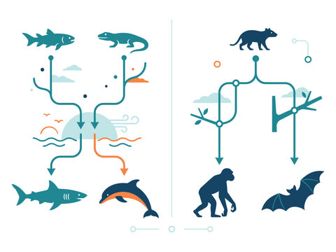 Evolutionary tree and animal ancestry infographic illustration with evolution ancestry phylogenetics genetics wildlife development patterns selection illustration research taxonomy heritage
