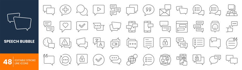Fototapeta premium speech bubble icon set collection. Includes chat, talk, message, dialogue, communication, conversation, comment and more. Thin icons set. Editable stroke. Vector illustration