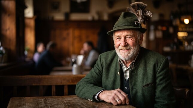 Smiling elderly Bavarian man in traditional attire with feathered hat at a rustic wooden table