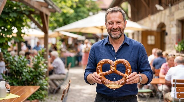 Smiling man holding a large pretzel at an outdoor Bavarian beer garden during a festival