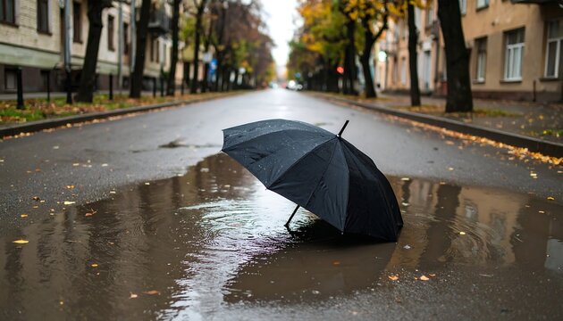 Black Umbrella Lying in a Puddle on a Wet City Street