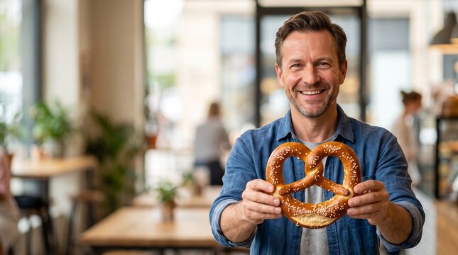 Smiling Man Holding a Large Pretzel in a Cafe Setting, Evoking Oktoberfest and Bavarian Culture