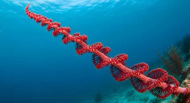 Vibrant red sea fan coral undulating in clear blue ocean water with shallow depth of field