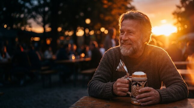 Smiling man with beard holding a beer stein at sunset during a festival with bokeh lights