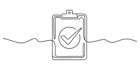 Continuous single line drawing of a clipboard with a check mark for business success © Bisawjit