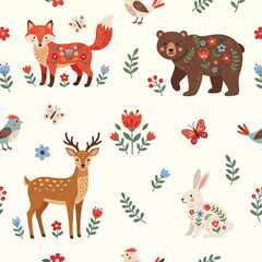 Fototapeta premium Whimsical Forest Creatures: A charming illustration featuring a delightful arrangement of woodland animals including a fox, bear, deer, and rabbit, adorned with floral patterns.