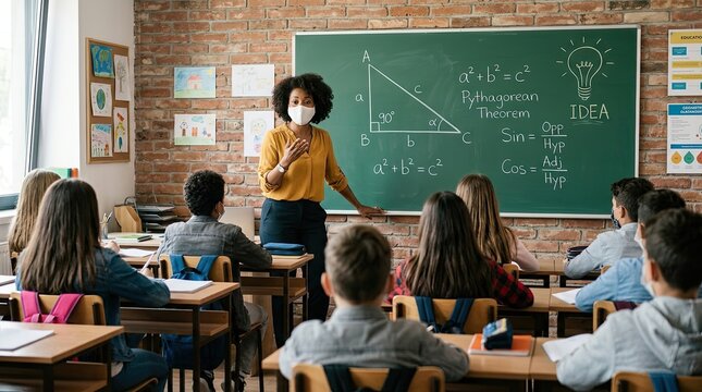 A young female teacher standing in front of a chalkboard explaining a geometry math lesson to a diverse group of students in a classroom