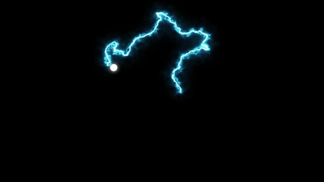 Glowing blue electric lightning path animation tracing the geographical map outline of Peru over a solid black background with neon particle trail