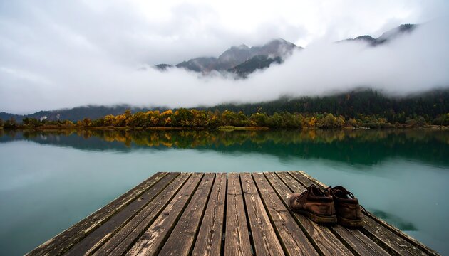 Pair of shoes on wooden dock overlooking lake and misty mountains