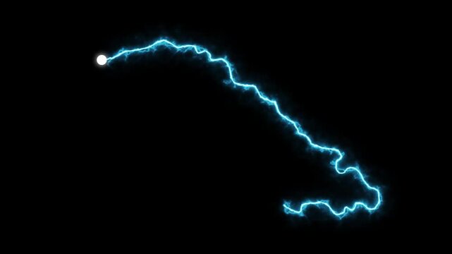 Neon blue light line drawing the island of Cuba outline path on a dark black background glowing digital graphic concept for travel and cartography