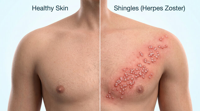 Healthy Skin vs Shingles Herpes Zoster Infection on Male Chest