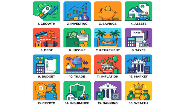Finance Icons Grid Showing Growth, Investing, Savings, Assets, Debt, Income, Retirement, Taxes, Budget, Trade