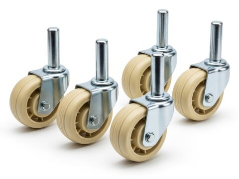 Four industrial caster wheels with metal stems and beige rubber wheels