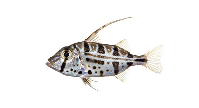 Zebra John Dory fish with striking stripes and spots isolated on a clean white background studio shot