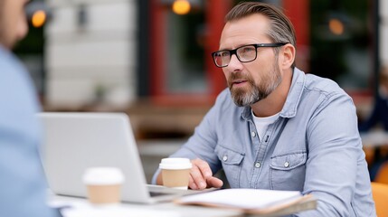 Fototapeta premium Professional man working on laptop at cafe with coffee in hand