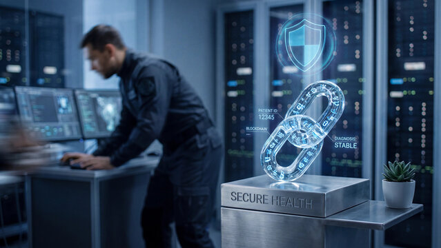 Technician works in a secure server room while a glowing digital chain hologram floats above a pedestal.