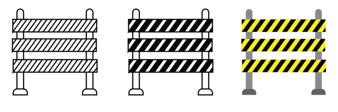 Road side barricade, Roadblock icon collection in black and yellow colors, Set of construction barricades icons, warning barriers, traffic control signs, safety equipment, different styles and colors
