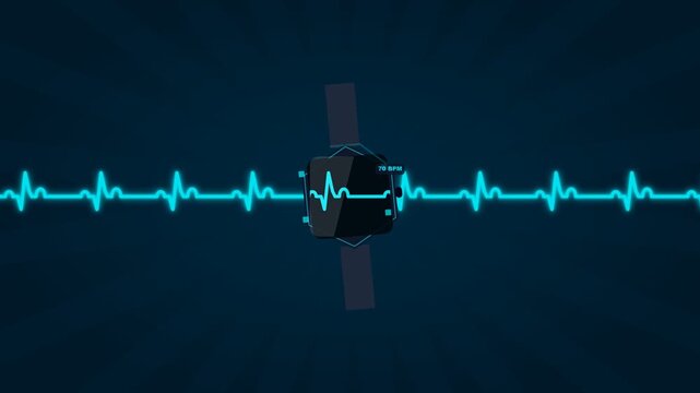 Digital Satellite Orbiting Earth with Glowing EKG Heartbeat Pulse Line Overlay.