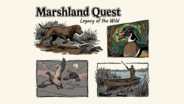 Retro Marshland Quest duck hunting illustration bundle featuring mallard, wood duck, retriever dog, and wilderness hunter for t-shirt design print and apparel