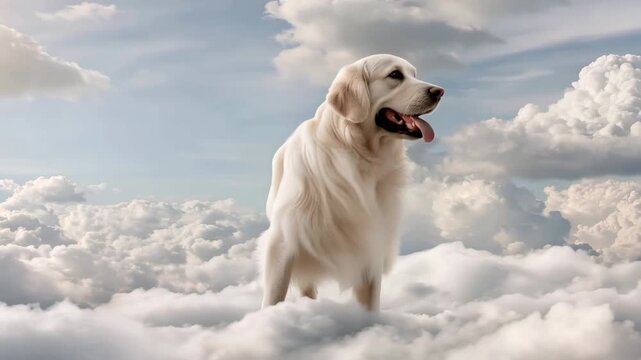 Golden retriever standing on heavenly clouds under a bright sky, rainbow bridge concept for pet loss and remembrance