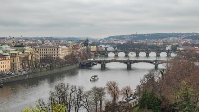 Prague Czechia Czech Republic time lapse high angle view city skyline at Vltava River with many bridge