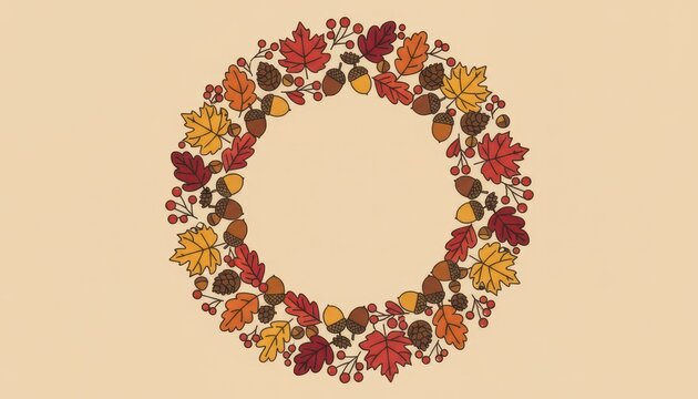 Autumn floral wreath on beige background, fall leaves and berries circle frame, botanical border for seasonal design
