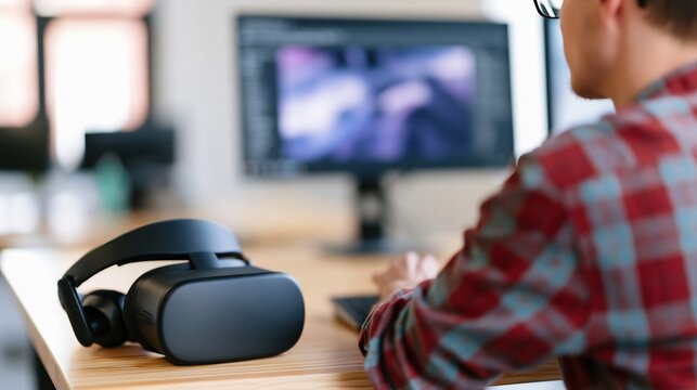 Person Using Virtual Reality Headset at Computer Desk Setup