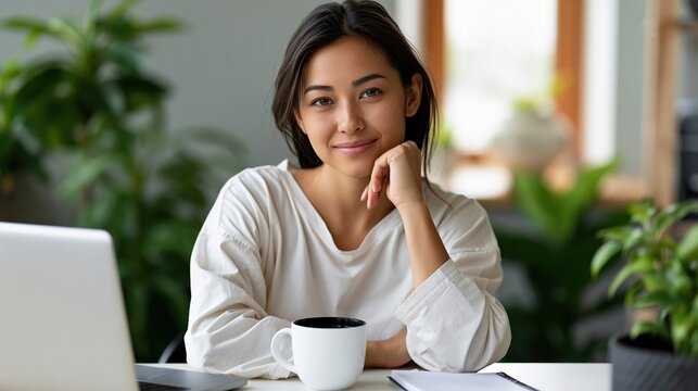 Young woman smiling while sitting at a desk with a laptop and a cup of