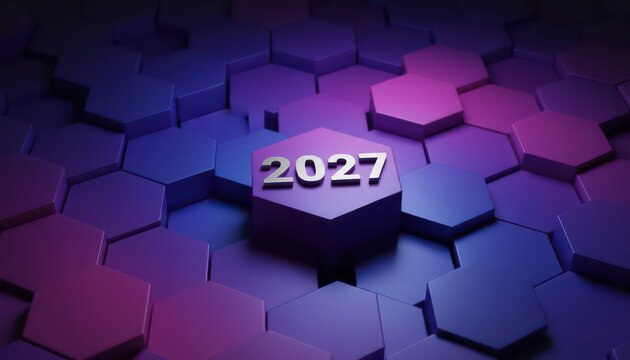 Futuristic hexagon grid with 2027 text, purple blue 3D abstract background, technology and innovation concept banner